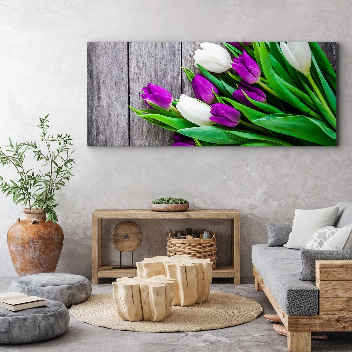 Obraz na płótnie - Bukiet fioletowych i białych tulipanów na drewnianym tle - 140x50cm - W dniu wiosennego święta - Nowoczesna dekoracja ścienna do salonu i sypialni ARTTOR
