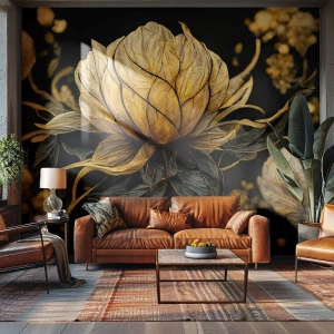 Fototapeta Standard Eco - Złote kwiaty z czarnym tłem - 100x70cm - Subtelna kruchość - Nowoczesna dekoracja ścienna do salonu i sypialni ARTTOR