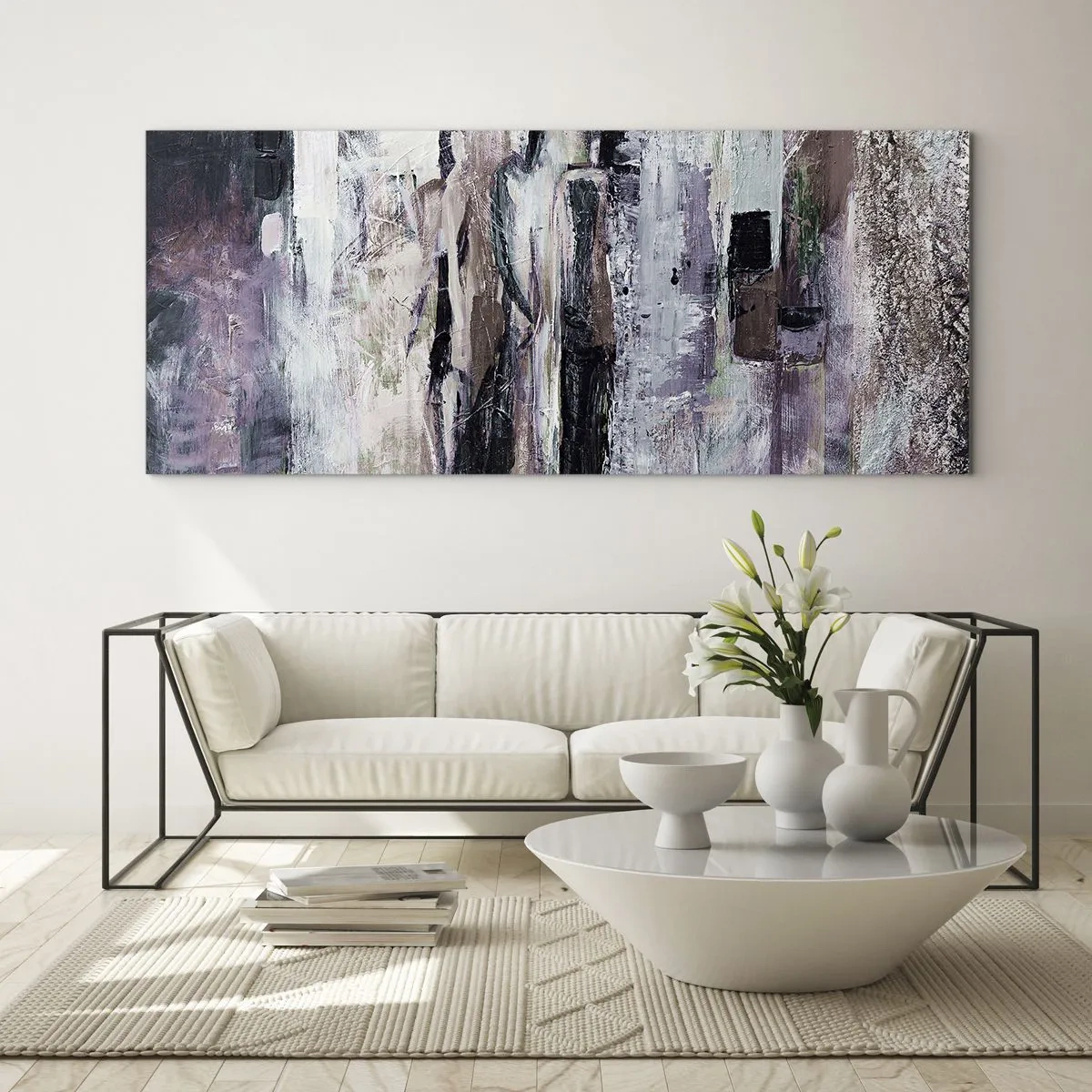 Obraz na szkle - Abstrakcyjna kompozycja z trzema postaciami w pastelowych barwach - 160x50cm - Tajemnicza trójka - Nowoczesna dekoracja ścienna do salonu i sypialni ARTTOR