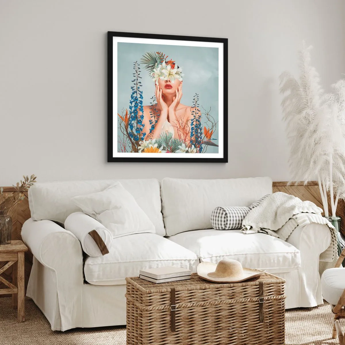 Plakat w czarnej ramie - Kobieta – kwiat - 40x40 cm