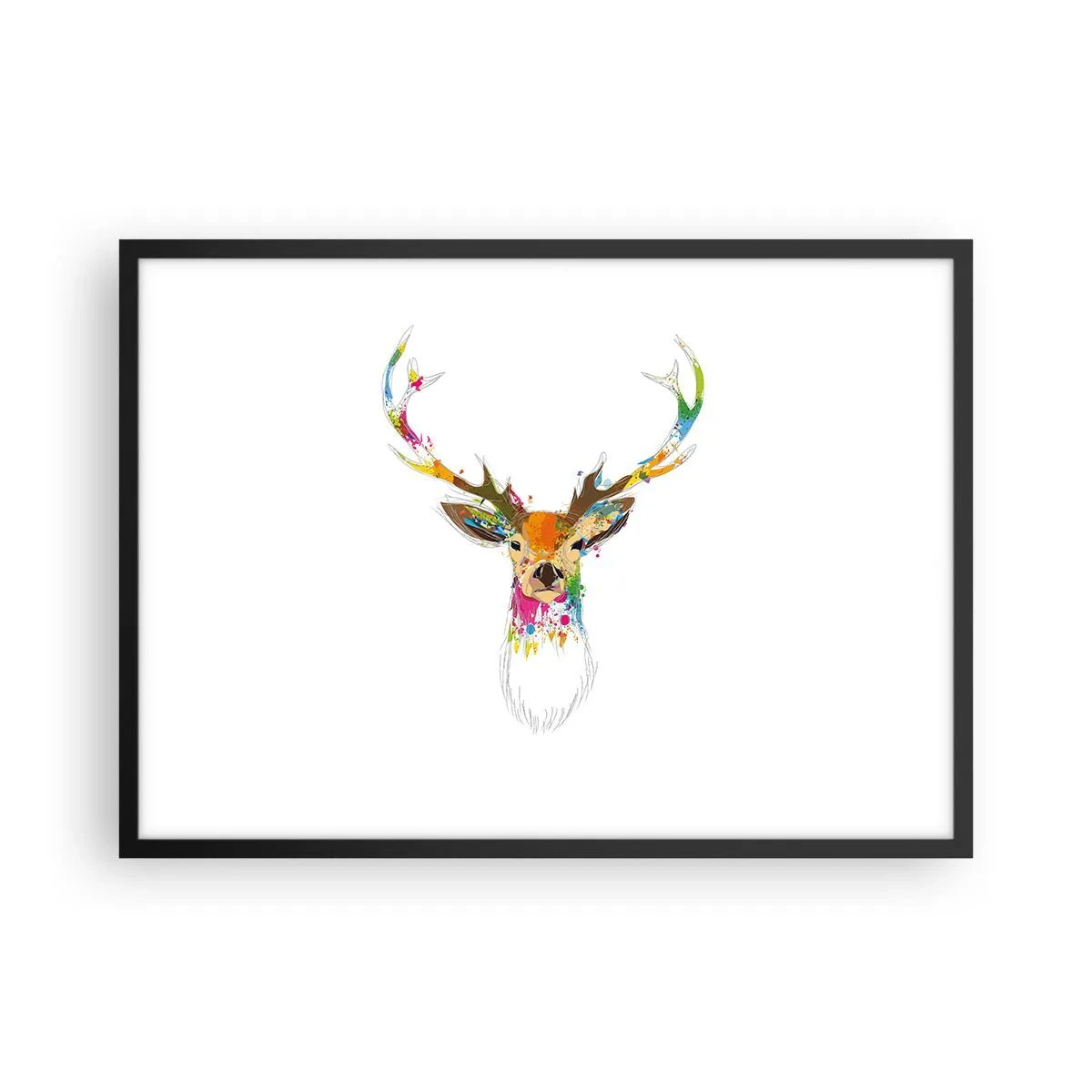 Plakat w czarnej ramie - Kolorowa głowa jelenia w artystycznym stylu - 70x50cm - Łagodny jelonek skąpany w kolorze - Nowoczesna dekoracja ścienna do salonu i sypialni ARTTOR