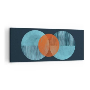 Obraz na płótnie - Geometryczne koła w odcieniach niebieskiego i pomarańczowego - 120x50cm - Kompozycja symetryczna - Nowoczesna dekoracja ścienna do salonu i sypialni ARTTOR