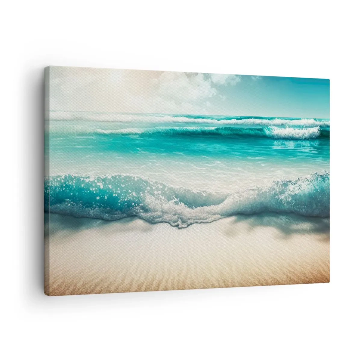 Obraz na płótnie - Fale oceanu na jasnej piaszczystej plaży - 70x50cm - Spokój oceanu - Nowoczesna dekoracja ścienna do salonu i sypialni ARTTOR