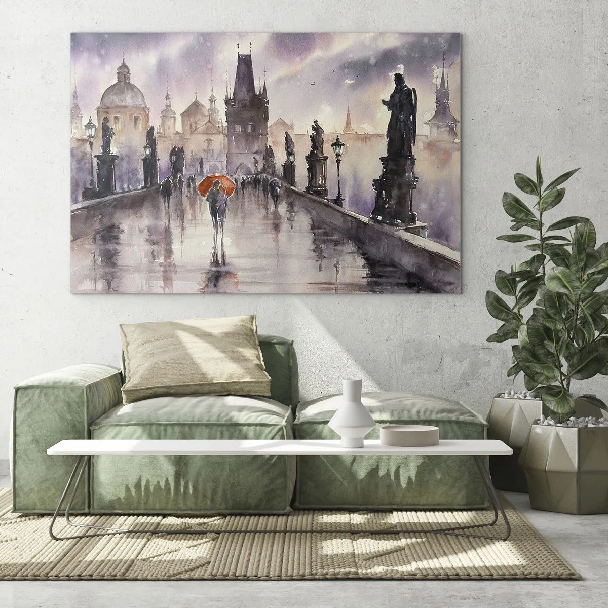 Obraz na szkle - Spacer w deszczu na moście z pomarańczową parasolką - 70x50cm - Ludzie się nie zmieniają - Nowoczesna dekoracja ścienna do salonu i sypialni ARTTOR