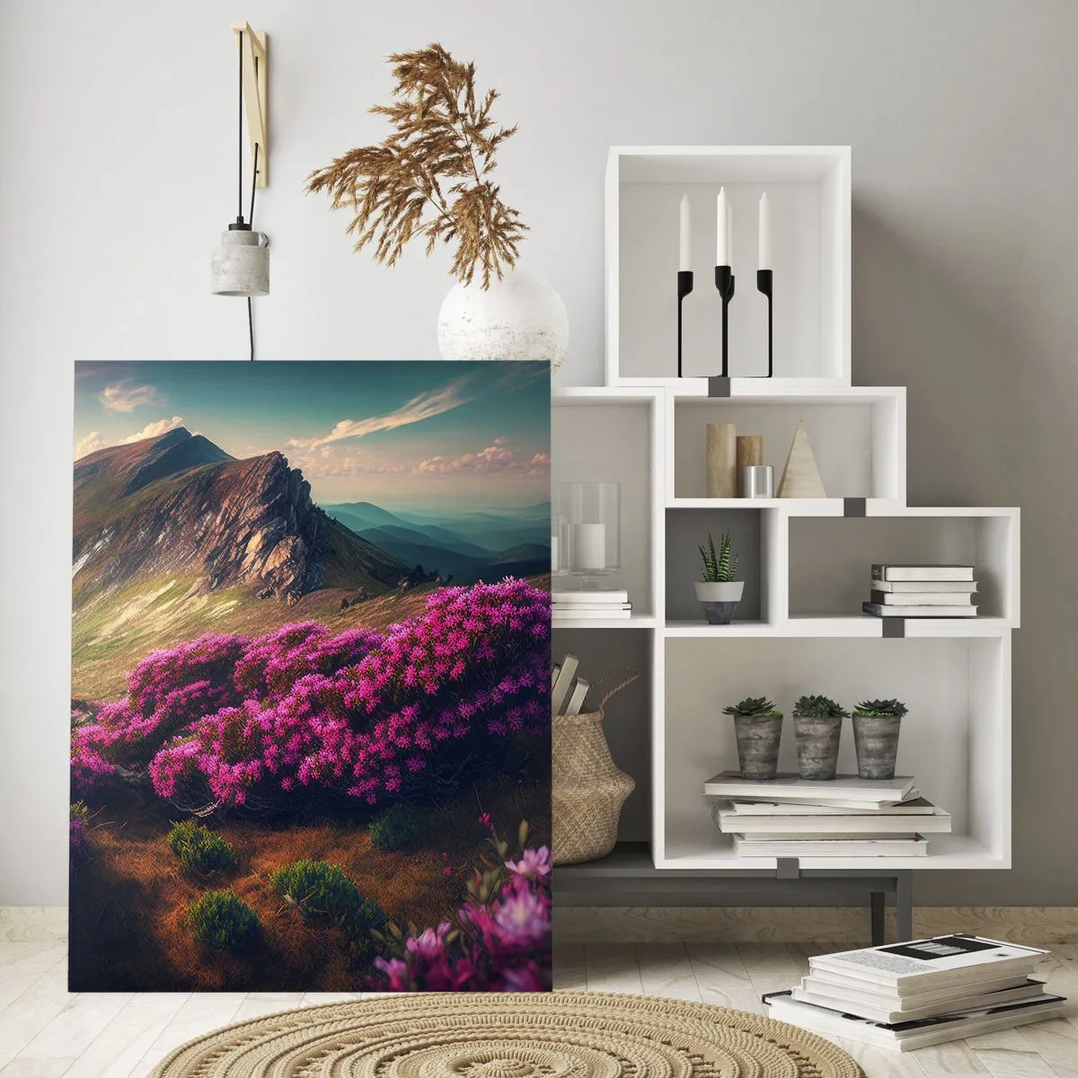 Obraz na szkle - Letni górski krajobraz z kwitnącym różowym wrzosem - 50x70cm - Lato w górach - Nowoczesna dekoracja ścienna do salonu, kuchni i sypialni ARTTOR