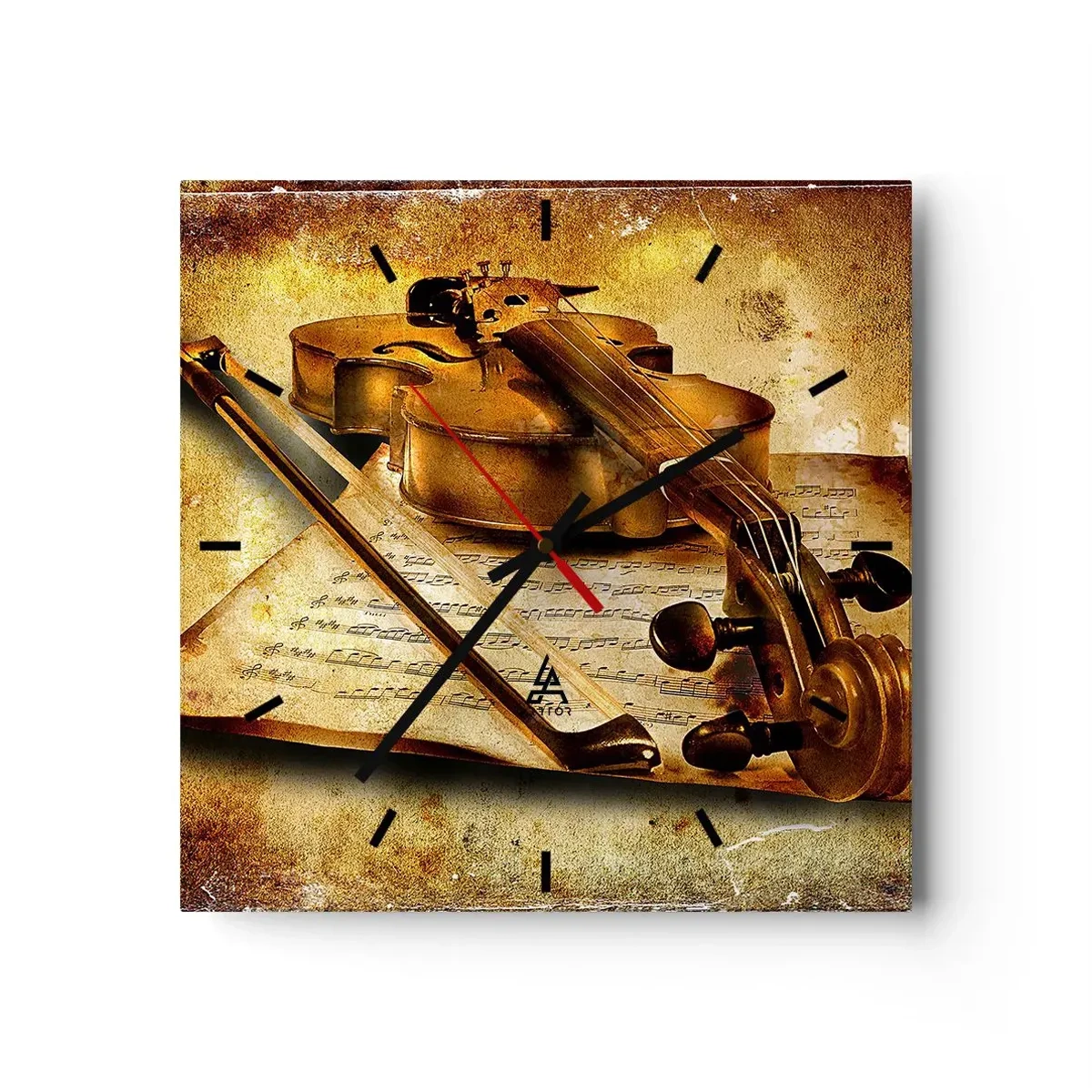 Zegar ścienny - Skrzypce z nutami na tle w stylu vintage w ciepłych odcieniach - 30x30cm - Wirtuoz potrzebny od zaraz - Nowoczesna dekoracja ścienna do salonu i sypialni ARTTOR
