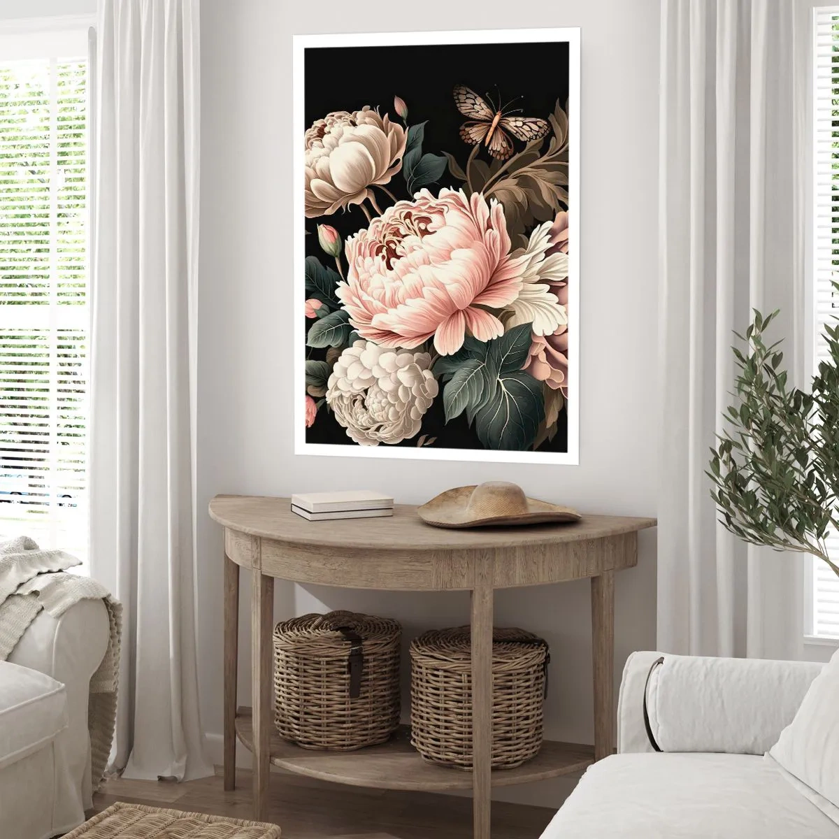 Plakat - Eleganckie piwonie i motyl na czarnym tle - 50x70cm - W barokowym stylu - Nowoczesna dekoracja ścienna do salonu, kuchni i sypialni ARTTOR