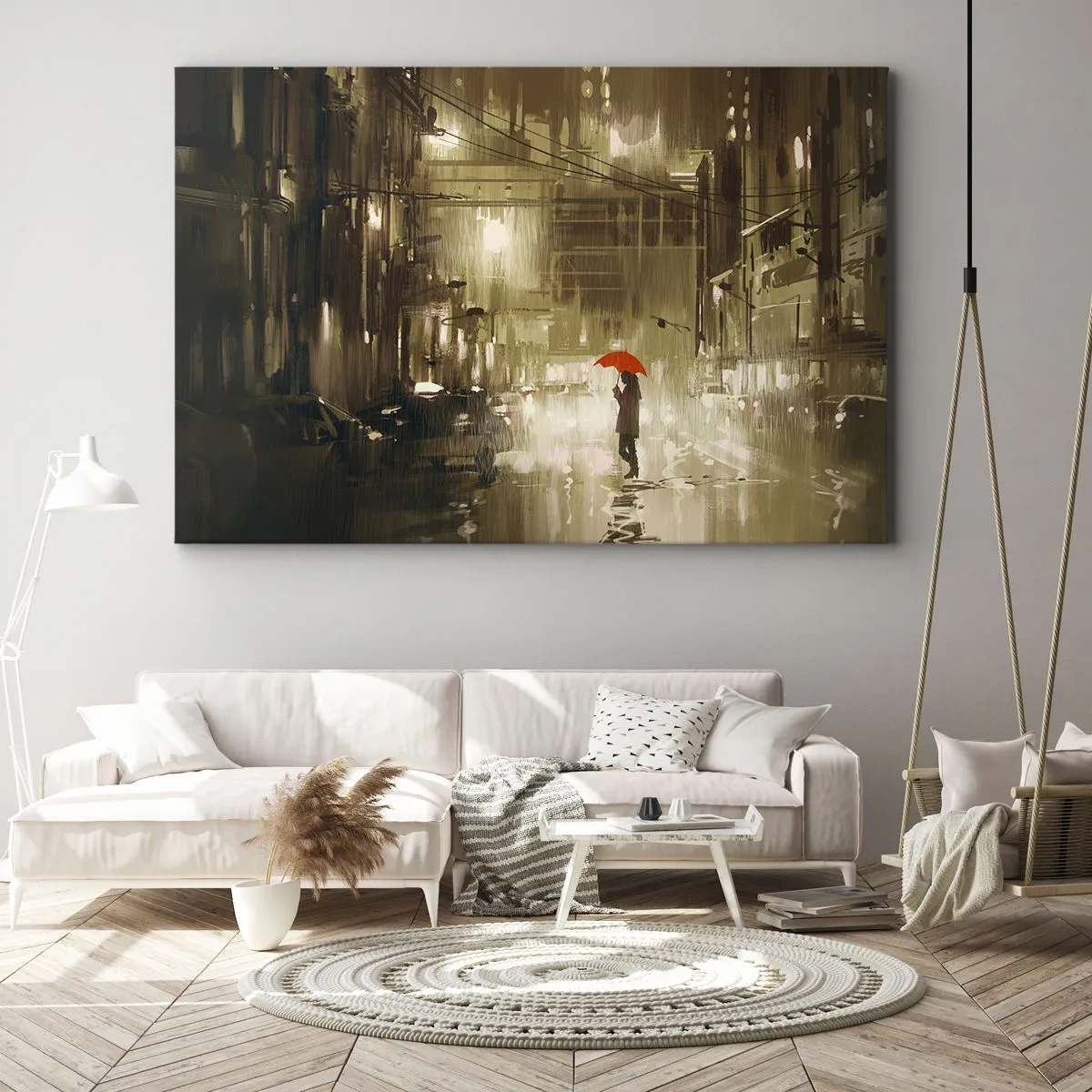 Obraz na płótnie - Postać z czerwonym parasolem w deszczowym mieście - 70x50cm - Sama, ale nie samotna - Nowoczesna dekoracja ścienna do salonu i sypialni ARTTOR