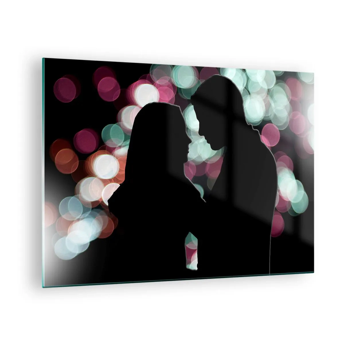 Obraz na szkle - Sylwetki pary na tle kolorowych świateł bokeh - 70x50cm - Tak! - Nowoczesna dekoracja ścienna do salonu i sypialni ARTTOR