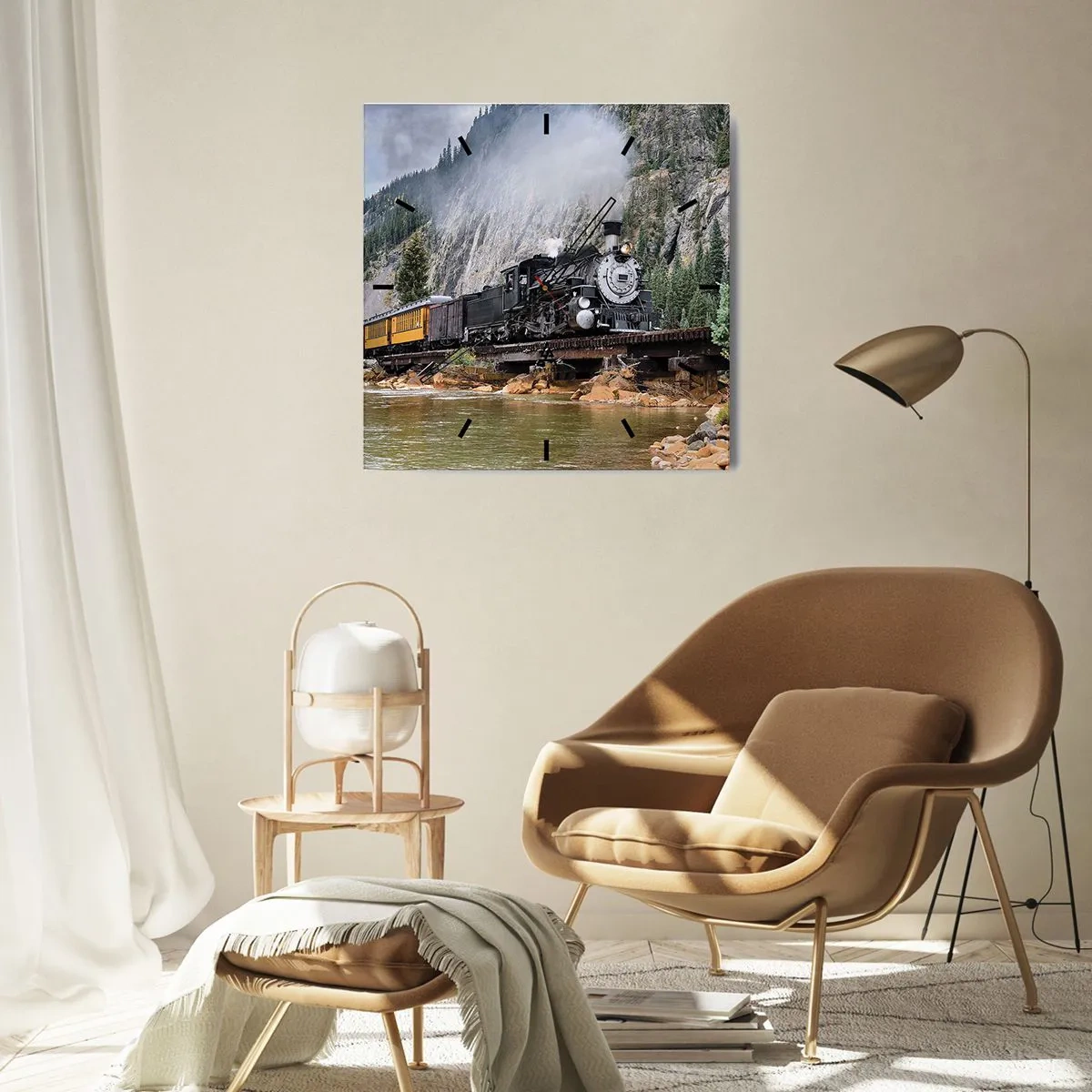 Zegar ścienny - Parowóz na moście w malowniczym górskim krajobrazie - 30x30cm - A dokąd to? Dokąd? - Nowoczesna dekoracja ścienna do salonu i sypialni ARTTOR