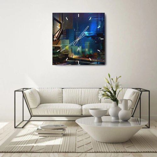 Zegar ścienny - Futurystyczne miasto nocą z neonami i latającym pojazdem - 30x30cm - W niedalekiej przyszłości - Nowoczesna dekoracja ścienna do salonu i sypialni ARTTOR