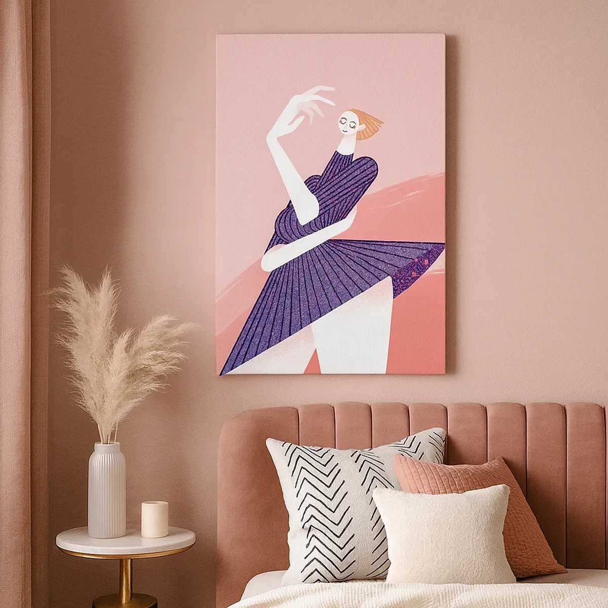 Obraz na płótnie - Nowoczesna ilustracja kobiety w dynamicznej pozie tanecznej na pastelowym tle - 50x70cm - Każdy krok tanecznym pas - Nowoczesna dekoracja ścienna do salonu, kuchni i sypialni ARTTOR