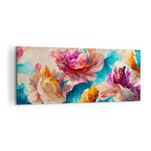 Obraz na płótnie - Kolorowe kwiaty na beżowym tle - 120x50cm - Barwny przepych bukietu - Nowoczesna dekoracja ścienna do salonu i sypialni ARTTOR