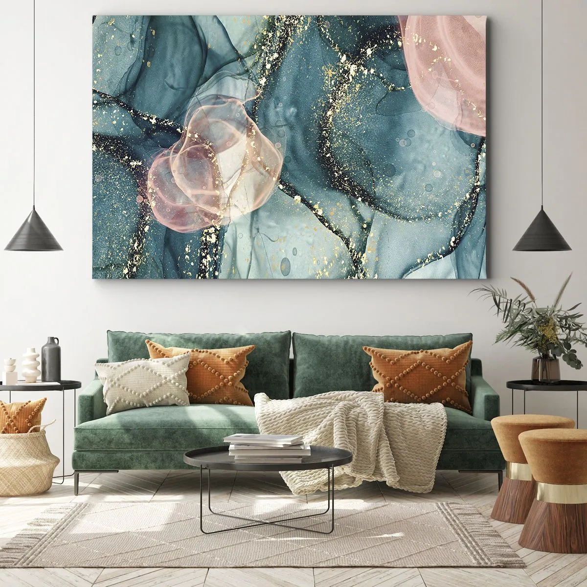 Obraz na płótnie - Abstrakcyjna kompozycja w odcieniach turkusu i złota - 70x50cm - Jedwabny błękit, tiulowy róż - Nowoczesna dekoracja ścienna do salonu i sypialni ARTTOR