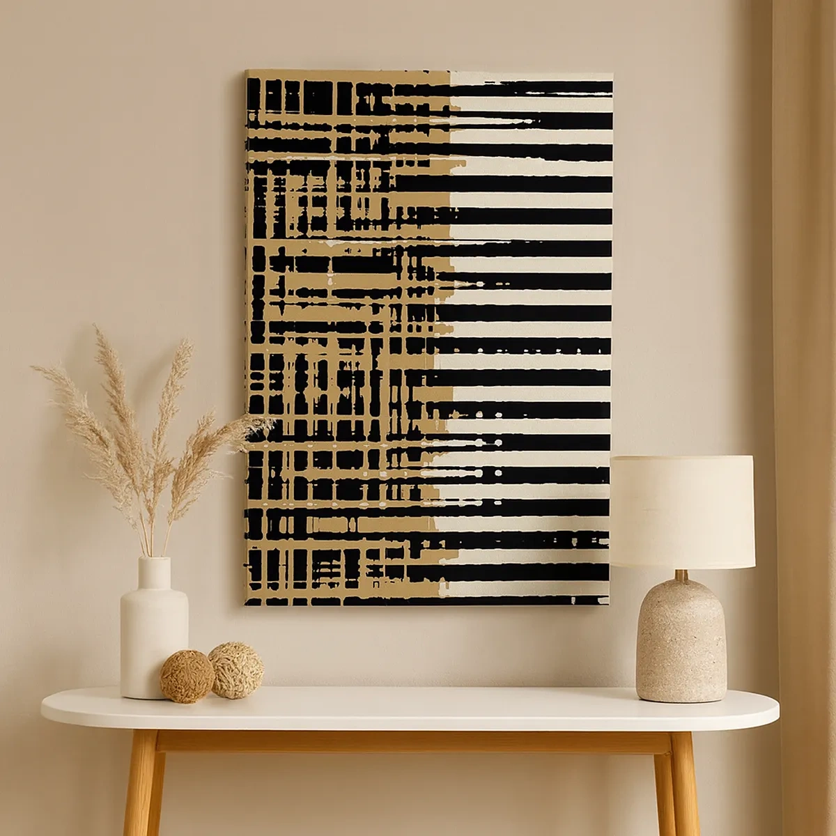 Obraz na płótnie - Geometryczna kompozycja w odcieniach czerni, beżu i bieli - 50x70cm - Architektoniczna abstrakcja - Nowoczesna dekoracja ścienna do salonu, kuchni i sypialni ARTTOR