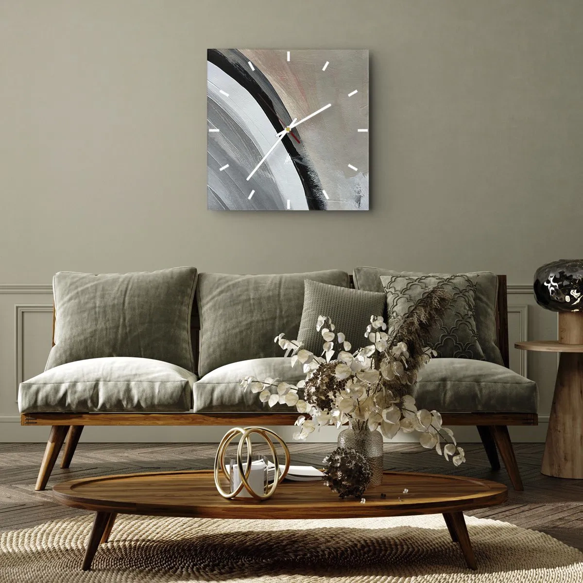 Zegar ścienny - Abstrakcyjny łuk w odcieniach czerni, szarości i beżu - 30x30cm - Kompozycja: łuk czerni i szarości - Nowoczesna dekoracja ścienna do salonu i sypialni ARTTOR