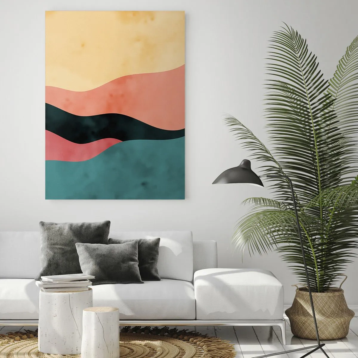 Obraz na szkle - Kolorowe fale w odcieniach zieleni, różu, czerni i beżu - 50x70cm - Zgodna niezgodność - Nowoczesna dekoracja ścienna do salonu, kuchni i sypialni ARTTOR