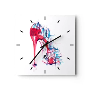 Zegar ścienny - Abstrakcyjna szpilka w odcieniach czerwieni z miejskimi detalami - 30x30cm - Wielkomiejska elegantka - Nowoczesna dekoracja ścienna do salonu i sypialni ARTTOR