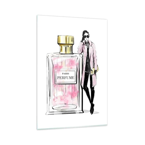 Obraz na szkle - Flakon perfum z elegancką kobietą w różowym płaszczu - 80x120cm - Paryska zmysłowość - Nowoczesna dekoracja ścienna do salonu i sypialni ARTTOR