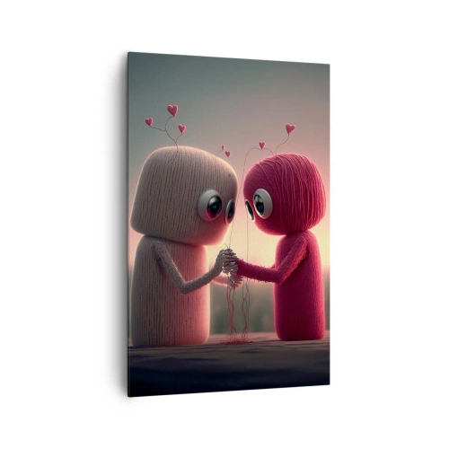 Obraz na płótnie - Postacie z włóczki w uroczej scenerii z sercami - 80x120cm - Każdemu wolno kochać - Nowoczesna dekoracja ścienna do salonu i sypialni ARTTOR