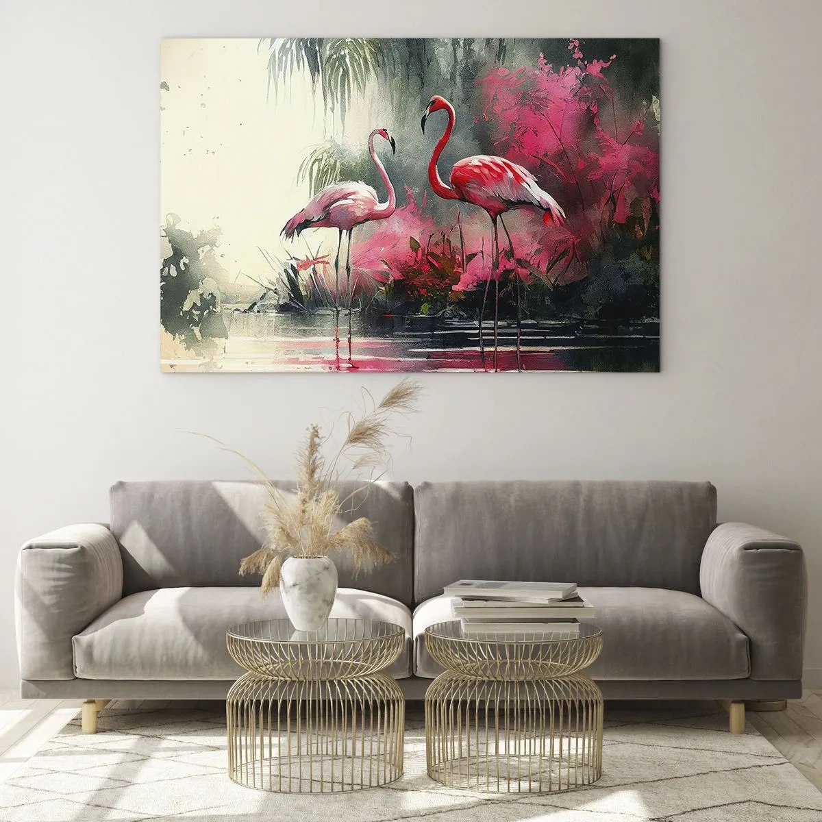 Obraz na szkle - Dwa flamingi w tropikalnym otoczeniu nad wodą - 70x50cm - Lekcja naturalnego wdzięku - Nowoczesna dekoracja ścienna do salonu i sypialni ARTTOR