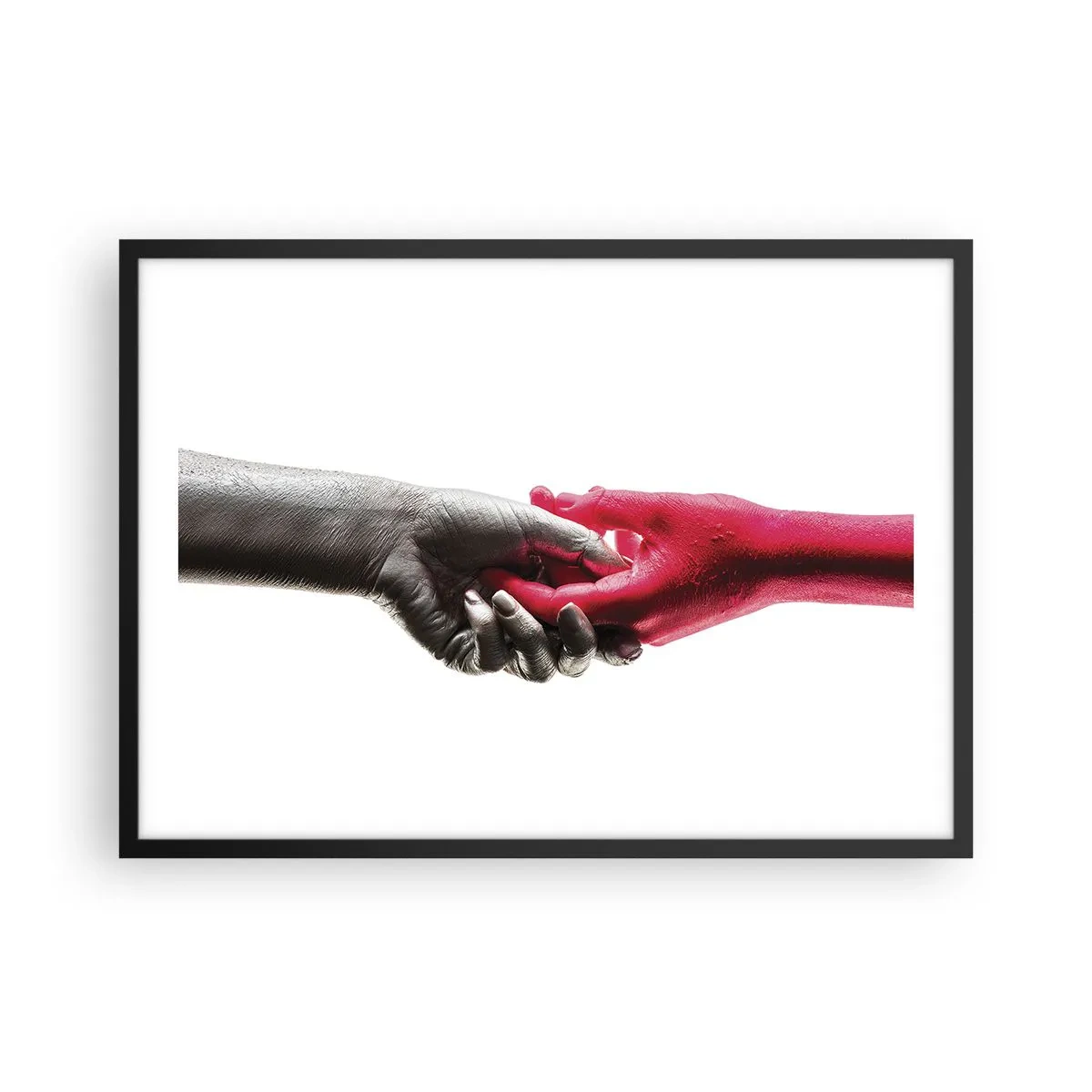 Plakat w czarnej ramie - Symboliczne dłonie w srebrnym i czerwonym kolorze - 70x50cm - Razem, choć inni - Nowoczesna dekoracja ścienna do salonu i sypialni ARTTOR