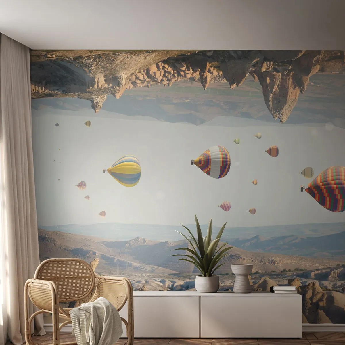 Fototapeta Premium Sand - Kolorowe balony unoszące się nad skalistym krajobrazem - 100x70cm - Tu wszystko jest możliwe - Nowoczesna dekoracja ścienna do salonu, kuchni i sypialni ARTTOR