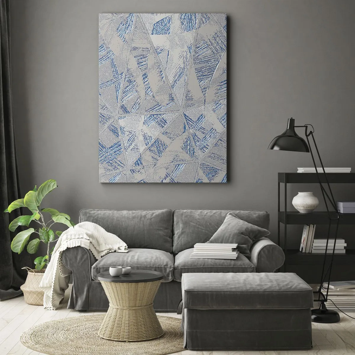 Obraz na płótnie - Geometryczne wzory w odcieniach błękitu i szarości - 70x100cm - W szaroniebieskim labiryncie - Nowoczesna dekoracja ścienna do salonu i sypialni ARTTOR