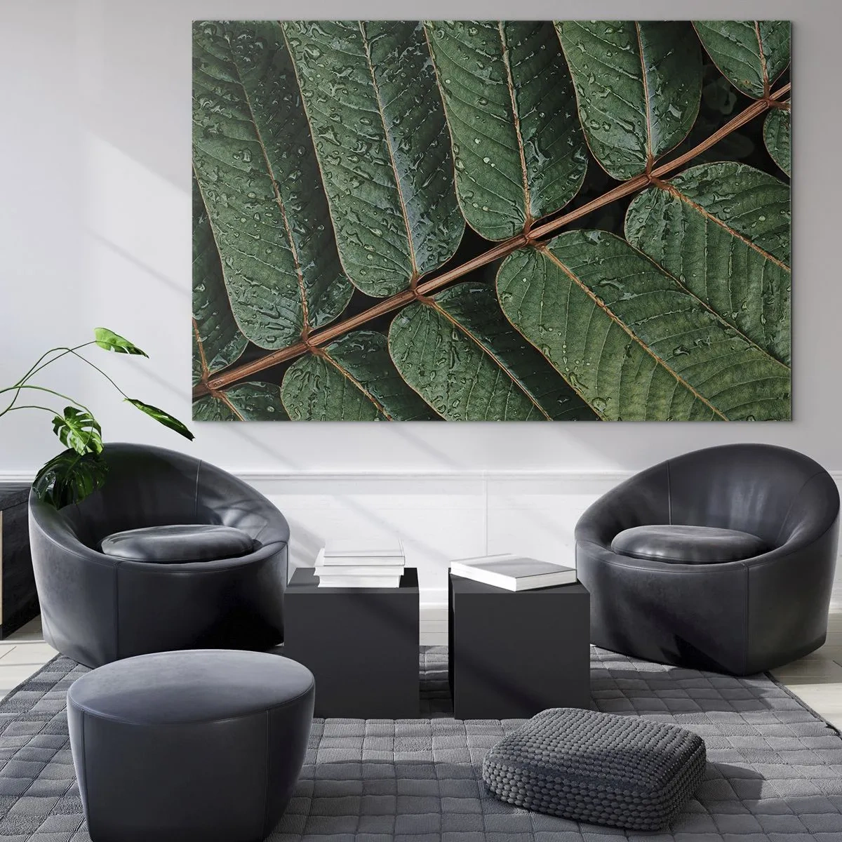Obraz na szkle - Zbliżenie na zielone liście z kroplami wody - 70x50cm - W zielonym rytmie - Nowoczesna dekoracja ścienna do salonu i sypialni ARTTOR