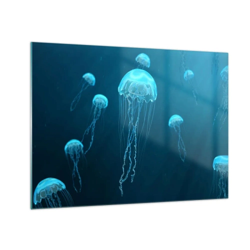 Obraz na szkle - Meduzy unoszące się w błękitnej głębi oceanu - 70x50cm - Oceaniczny taniec - Nowoczesna dekoracja ścienna do salonu i sypialni ARTTOR