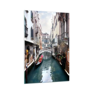 Obraz na szkle - Kanał w Wenecji z gondolą i zabytkowymi kamienicami - 70x100cm - Pejzaż wenecki z gondolą i mostkiem - Nowoczesna dekoracja ścienna do salonu i sypialni ARTTOR
