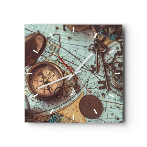 Zegar ścienny - Kompozycja z kompasem, kluczami i starą mapą w stylu retro - 30x30cm - Dla poszukiwacza przygód - Nowoczesna dekoracja ścienna do salonu i sypialni ARTTOR