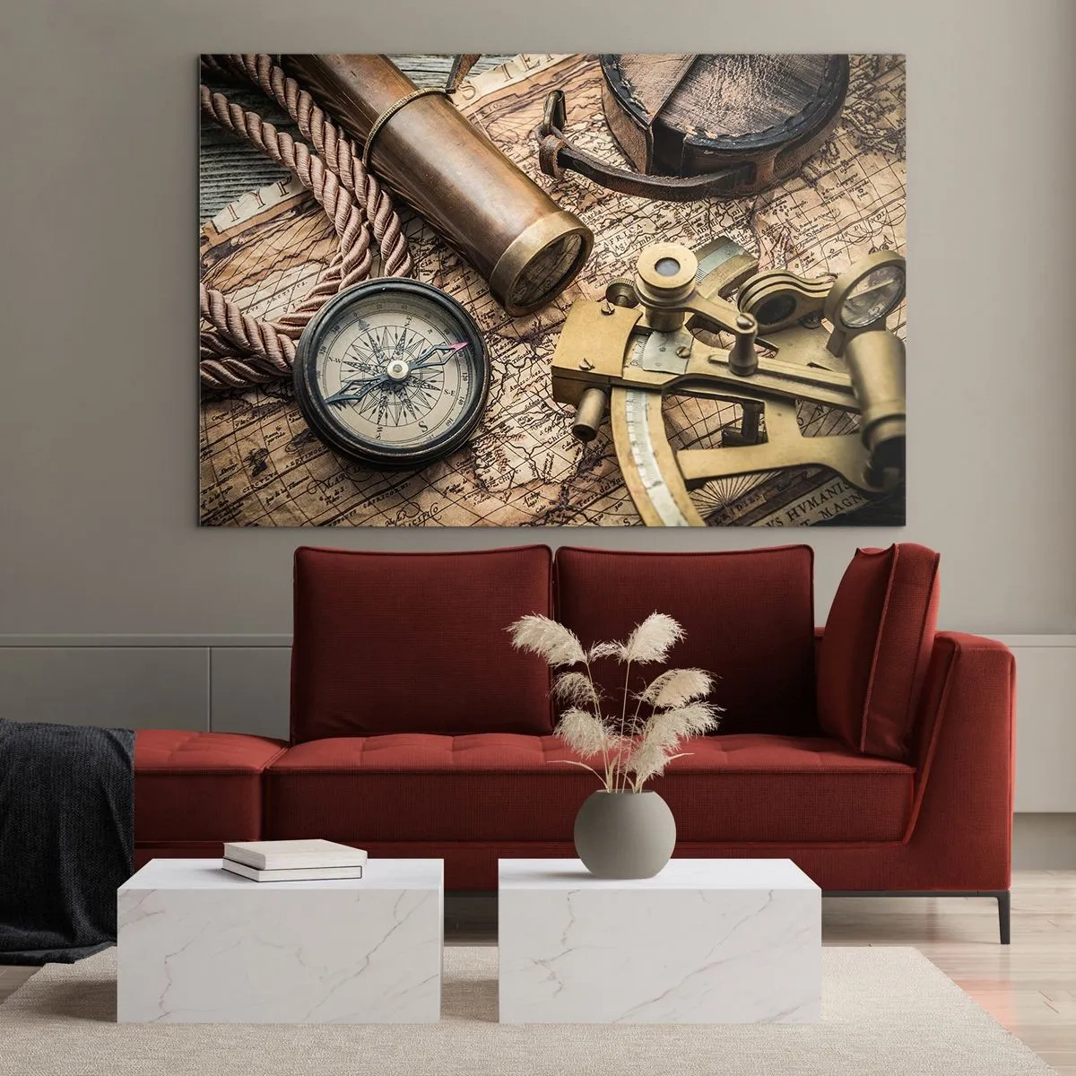 Obraz na szkle - Kompas, mapa i przyrządy nawigacyjne w stylu retro - 100x70cm - Wyznacz kurs - Nowoczesna dekoracja ścienna do salonu, kuchni i sypialni ARTTOR