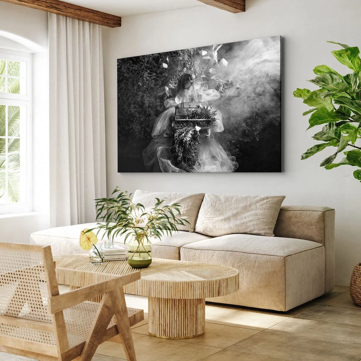 Obraz na płótnie - Czarno-biała kompozycja z postacią w sukni i klatką wśród mgły - 70x50cm - Sama Matka – Natura - Nowoczesna dekoracja ścienna do salonu i sypialni ARTTOR