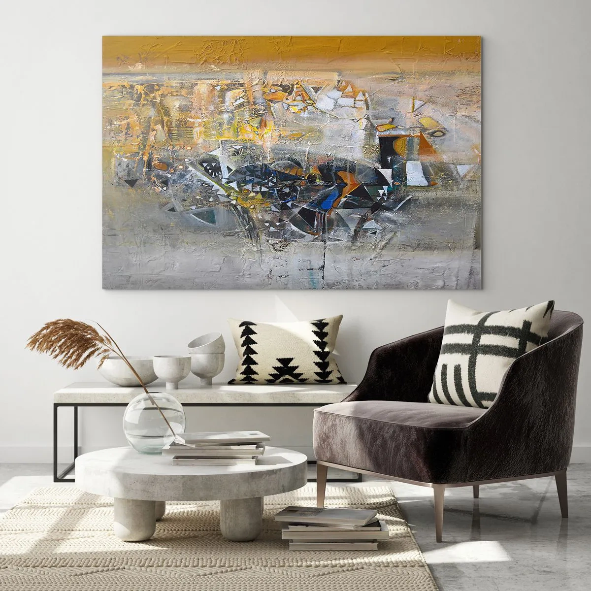 Obraz na szkle - Artystyczna abstrakcja w złocie, srebrze i szarościach - 70x50cm - Wszystko się poukłada - Nowoczesna dekoracja ścienna do salonu i sypialni ARTTOR