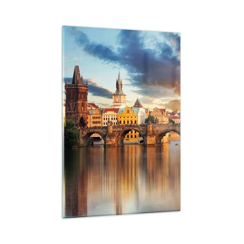Obraz na szkle - Zabytkowy most nad rzeką w świetle zachodzącego słońca - 80x120cm - Piękna od wieków - Nowoczesna dekoracja ścienna do salonu i sypialni ARTTOR