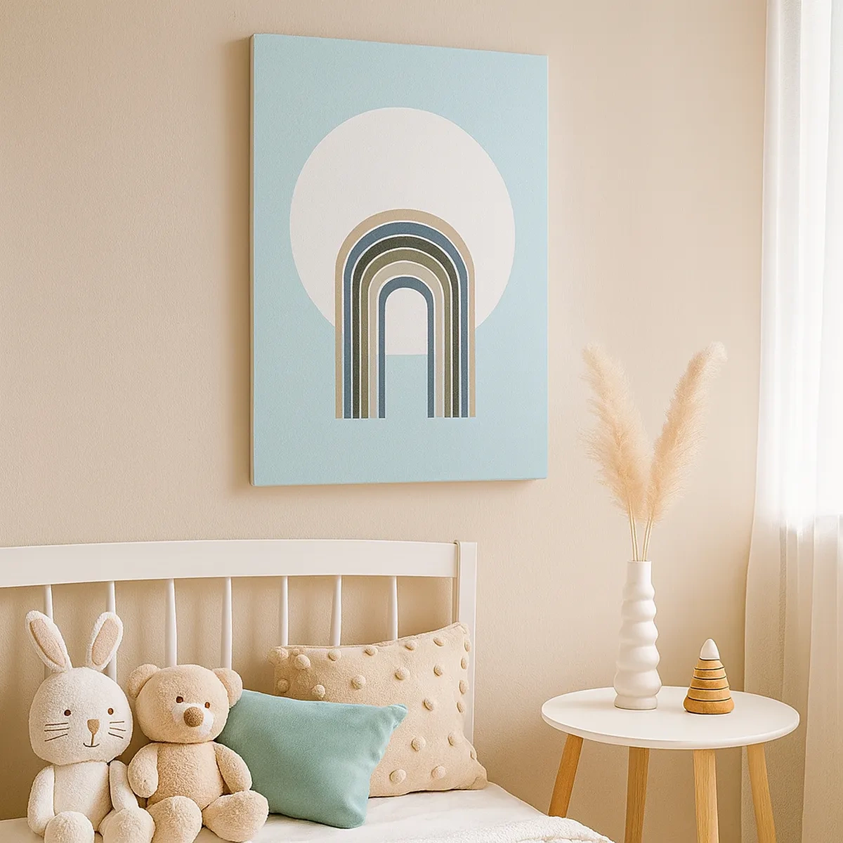 Obraz na płótnie - Minimalistyczna tęcza na tle białego koła i jasnoniebieskiego tła - 50x70cm - Nieodparte przyciąganie - Nowoczesna dekoracja ścienna do salonu, kuchni i sypialni ARTTOR