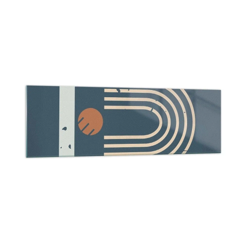 Obraz na szkle - Geometryczny wzór w odcieniach granatu, beżu i pomarańczu na ciemnym tle - 160x50cm - Geometria na granacie - Nowoczesna dekoracja ścienna do salonu i sypialni ARTTOR