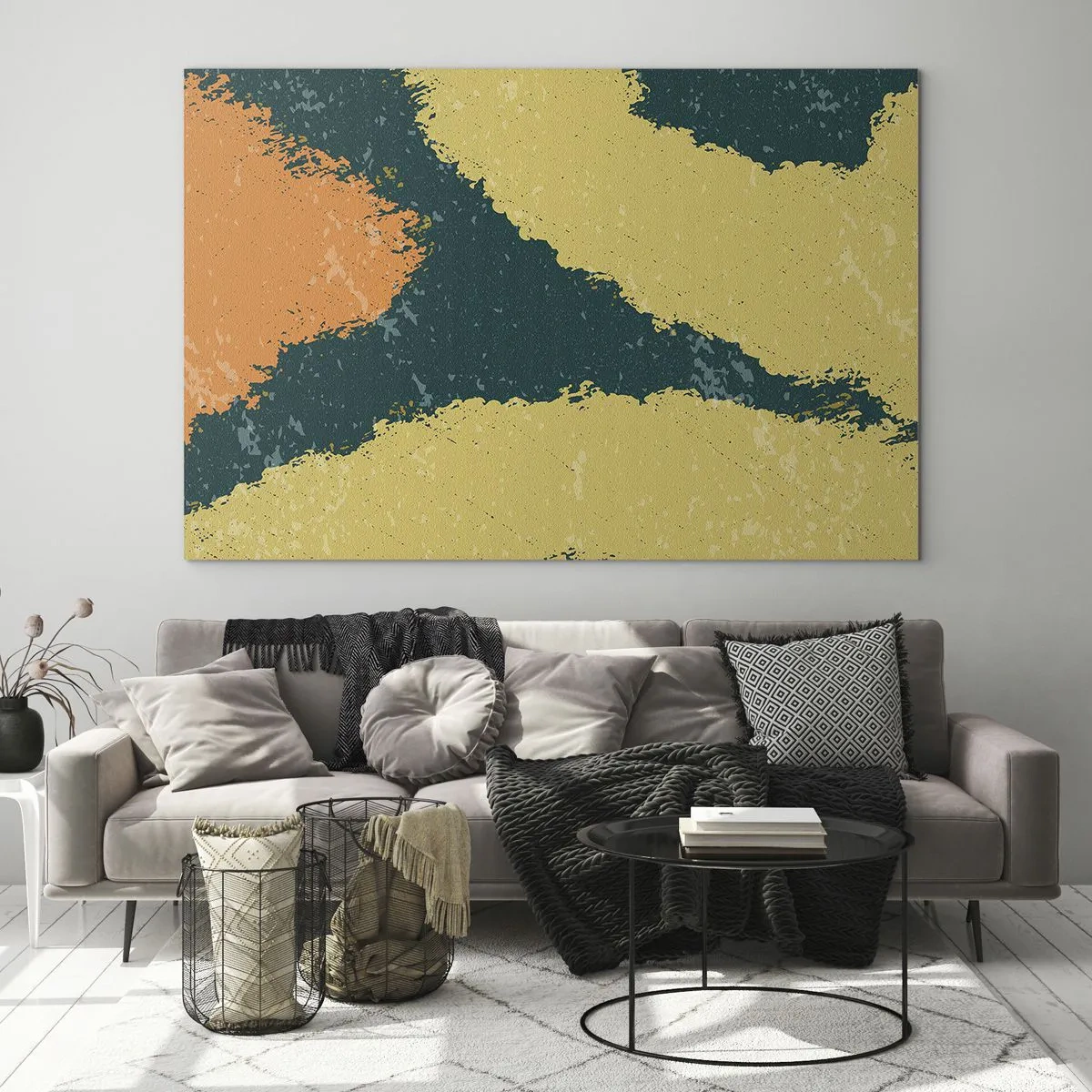 Obraz na szkle - Płynna abstrakcja w kolorach musztardowym, zielonym i pomarańczowym - 70x50cm - Abstrakcja – powolnym ruchem - Nowoczesna dekoracja ścienna do salonu i sypialni ARTTOR