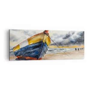 Obraz na płótnie - Malownicza łódź na plaży przy zachmurzonym niebie - 140x50cm - Odpoczynek na brzegu - Nowoczesna dekoracja ścienna do salonu i sypialni ARTTOR