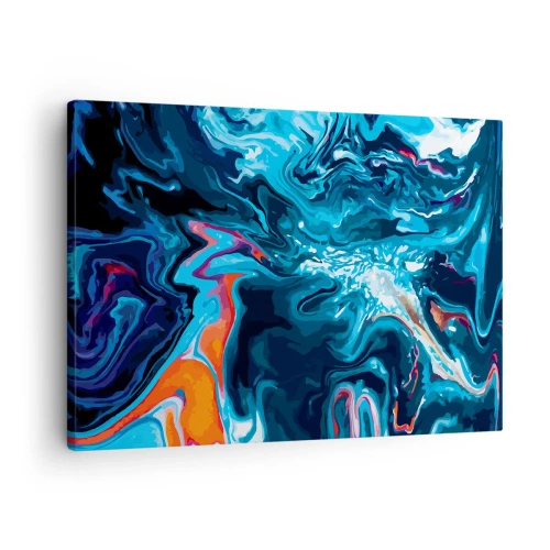 Obraz na płótnie - Abstrakcyjny wzór w odcieniach niebieskiego z akcentami pomarańczu - 70x50cm - Podróż do wnętrza nieba - Nowoczesna dekoracja ścienna do salonu i sypialni ARTTOR