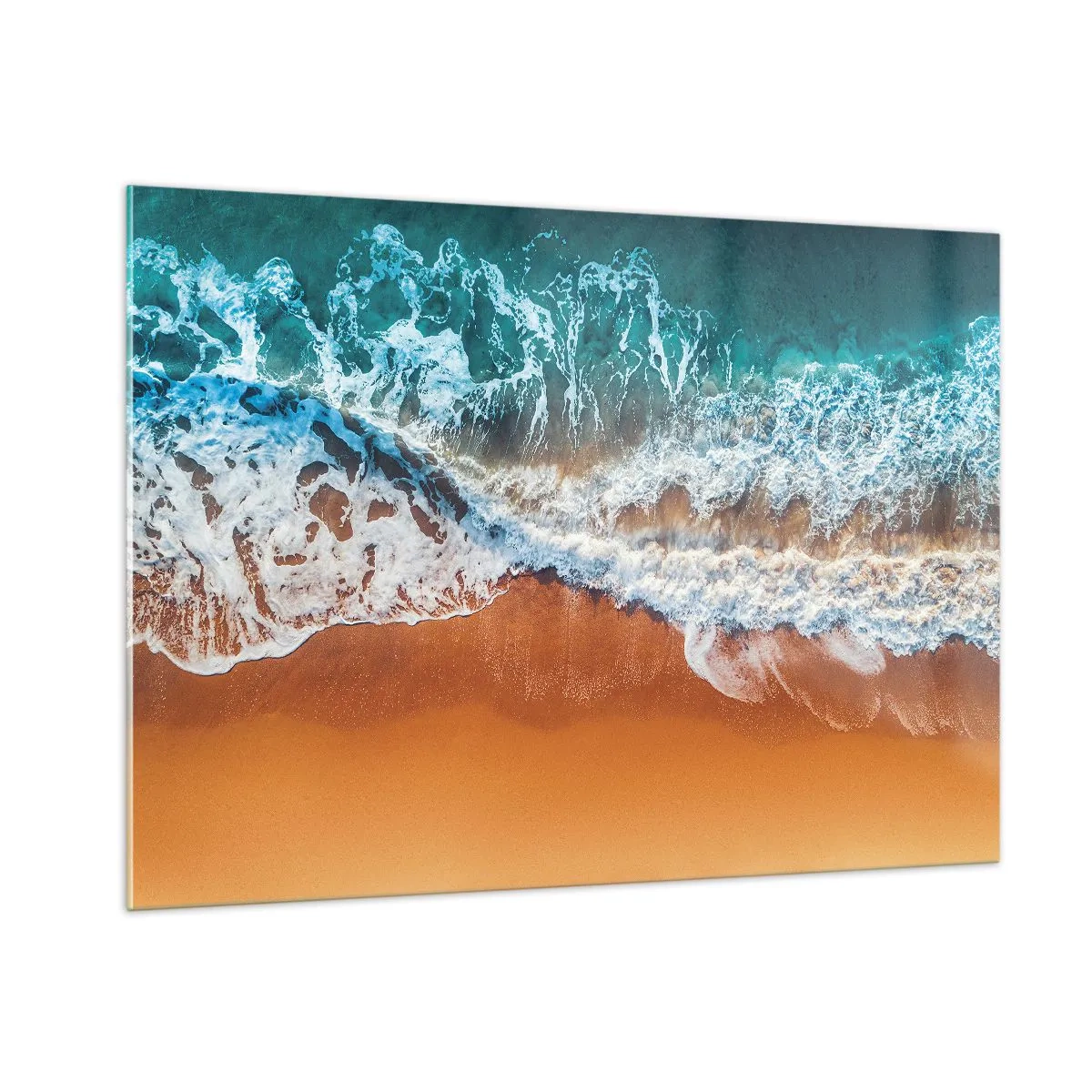 Obraz na szkle - Fale oceanu uderzające o brzeg z lotu ptaka - 100x70cm - Zawsze w parze - Nowoczesna dekoracja ścienna do salonu, kuchni i sypialni ARTTOR
