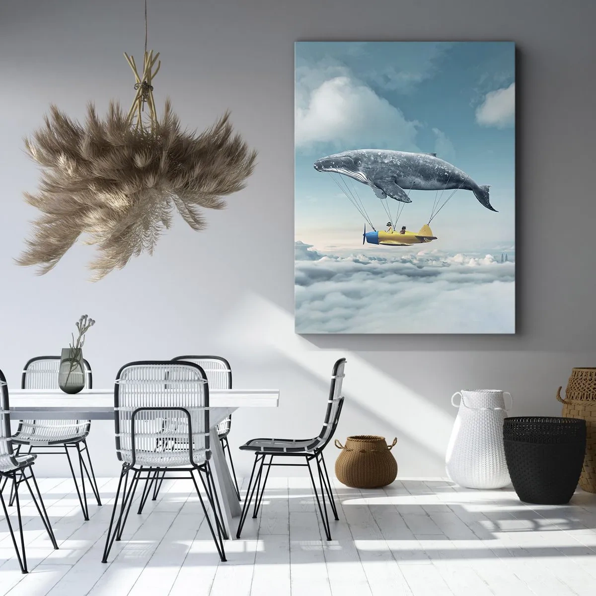 Obraz na płótnie - Latający wieloryb unoszący samolot w surrealistycznej scenerii - 80x120cm - Dlaczego nie? - Nowoczesna dekoracja ścienna do salonu i sypialni ARTTOR