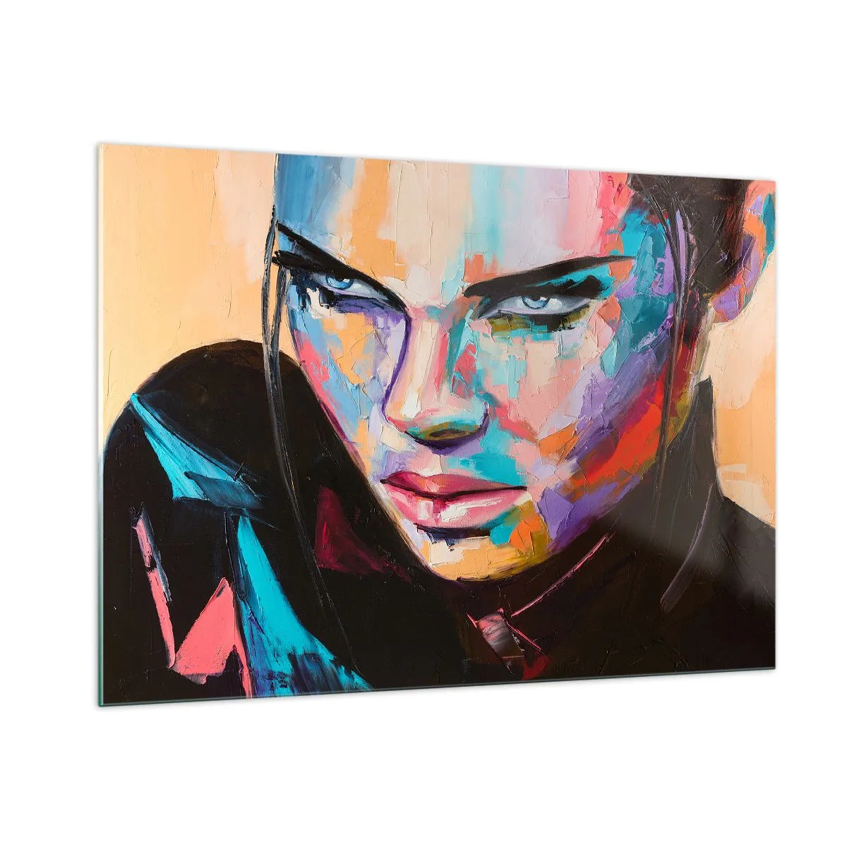 Obraz na szkle - Portret kobiety w żywych kolorach na abstrakcyjnym tle - 100x70cm - Dzikość serca - Nowoczesna dekoracja ścienna do salonu, kuchni i sypialni ARTTOR