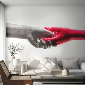 Fototapeta Premium Sand - Czarno-czerwona symboliczna dłoń na białym tle - 100x70cm - Razem, choć inni - Nowoczesna dekoracja ścienna do salonu, kuchni i sypialni ARTTOR