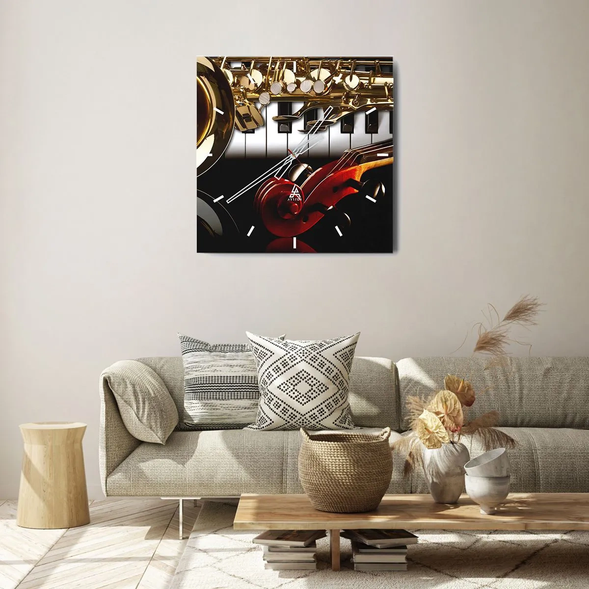 Zegar ścienny - Złoty saksofon, klawisze fortepianu i czerwona skrzypce - 30x30cm - Blacha, drewno i kość słoniowa - Nowoczesna dekoracja ścienna do salonu i sypialni ARTTOR