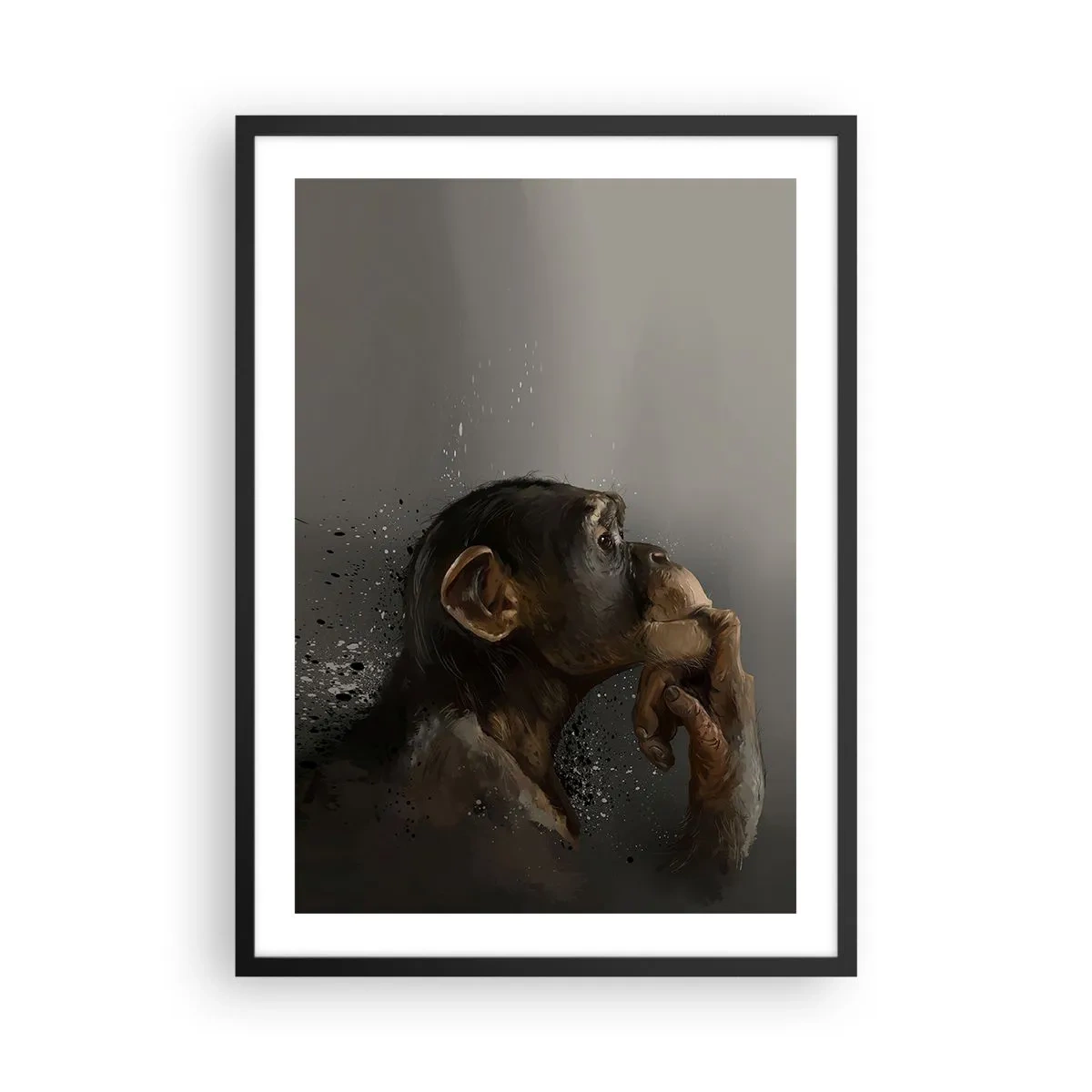Plakat w czarnej ramie - Portret myślącej małpy w delikatnych szarościach z abstrakcyjnym tłem - 50x70cm - Z pewnością myśliciel - Nowoczesna dekoracja ścienna do salonu i sypialni ARTTOR