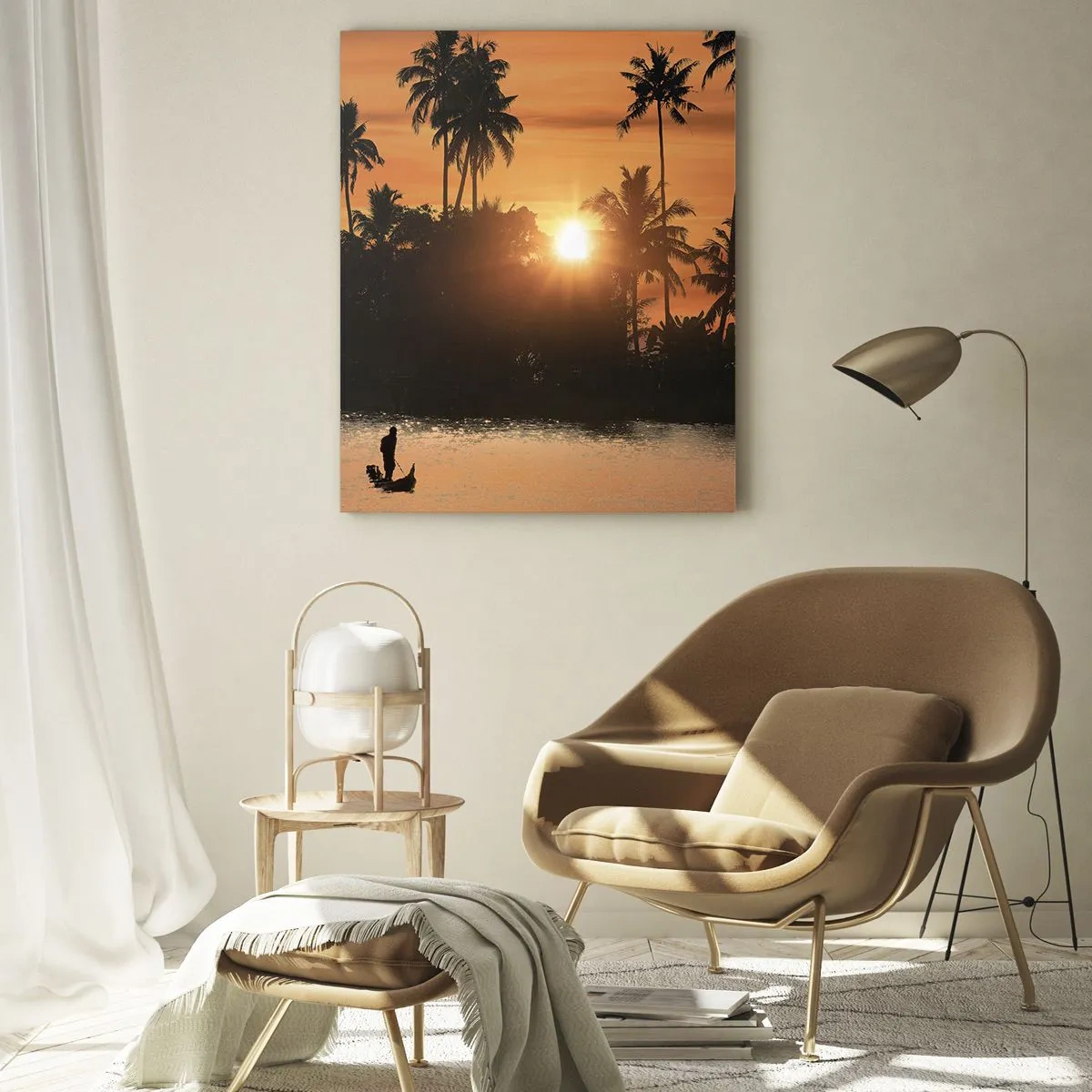 Obraz na szkle - Zachód słońca nad palmami i spokojnym jeziorem z łódką - 80x120cm - Czas na odpoczynek - Nowoczesna dekoracja ścienna do salonu i sypialni ARTTOR