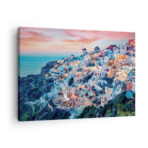 Obraz na płótnie - Santorini o zachodzie słońca z białymi budynkami na wzgórzu - 70x50cm - Twoje wielkie greckie wakacje - Nowoczesna dekoracja ścienna do salonu i sypialni ARTTOR
