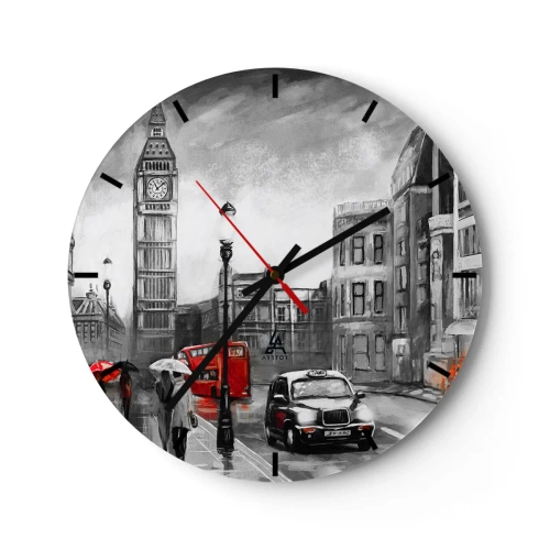 Zegar ścienny - Big Ben i londyńska ulica z czerwonym autobusem i taksówką - 30x30cm - Wcale nie szare miasto - Nowoczesna dekoracja ścienna do salonu, kuchni i sypialni ARTTOR
